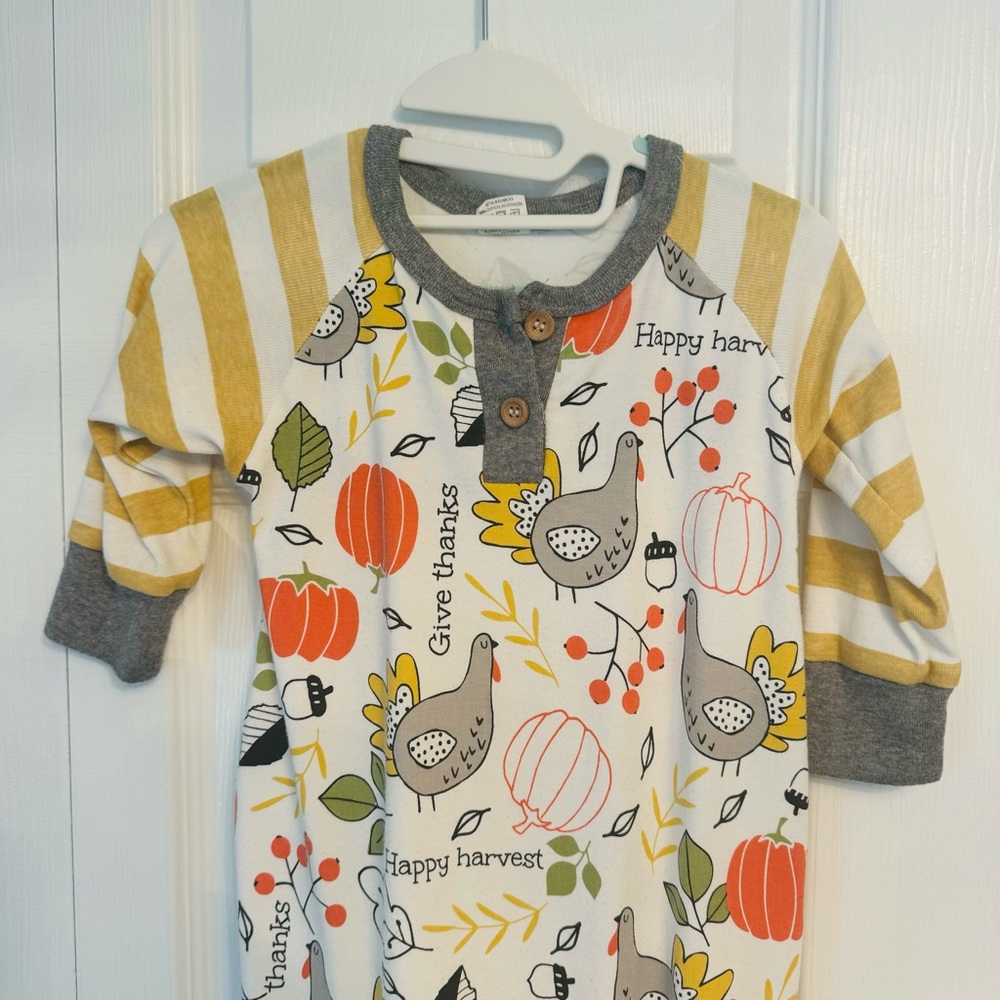 EUC Tesa Babe Thanksgiving Thankful Bamboo Romper, 12-18 months
